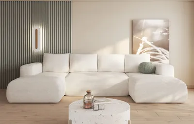 Produktbild von Easy4You Lambi Creme Ecksofa U-Form 338 x 89 x 164 cm mit Schlaffunktion und Stauraum - Schlafsofa mit Bettkasten - Moderne Wohnzimmermöbel – Stoff: Boucle 08