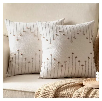 Produktbild von Boho-Kissenbezüge, dekorative Kissenbezüge für Bett, neutrale Kissenbezüge, Beige mit hellbrauner Linie, Überwurfkissen für modernes Bauernhaus, Couch, Sofa, Wohnzimmer, Outdoor, 50,8 x 50,8 cm, 2 Stück