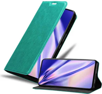 A teal flip phone case is shown open, with a smartphone inside, and another smartphone in a stand-up position in front of it.