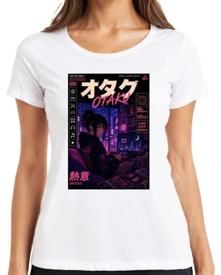 Immagine prodotto di T-shirt da donna, bianco, taglia S, con stampa "Otaku Netsui", ispirata al mondo degli anime, dei videogiochi, del Giappone, dello stile Y2K e della vaporwave