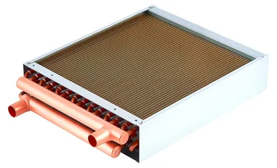 Obrázek produktu pro SucceBuy deskový výměník tepla, rozměry 356x356 mm, výkon 19 kW, s měděnými připojeními a hliníkovými lamelami, pro přenos tepla mezi vodou a vzduchem, provozní tlak 2,5 MPa, vhodný pro vytápění a chlazení v interiéru
