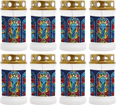 Produktbild von Grabkerze Weiß 8er Pack, Brenndauer: 40 Stunden ( je Kerze ), Motiv: Fenster Blau