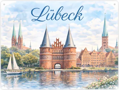Produktbild von Lübeck Stadtansicht Metallschild XXL in 28x38 cm mit Backsteintor