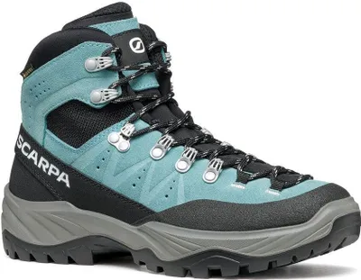 Boreas GTX Wmn Wanderschuhe von Scarpa in Türkis und Schwarz mit Schnürung und griffiger Sohle.