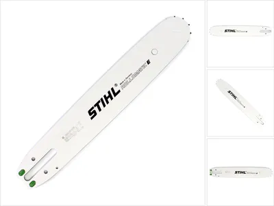 A white chainsaw bar with black text and green tips on a white background, shown with smaller inset images of the same product.