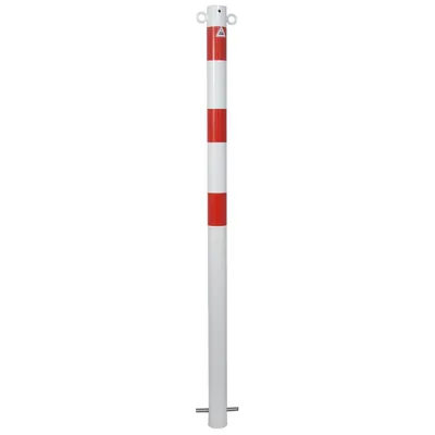Produktbild von Schake Absperrpfosten aus Stahlrohr verzinkt Ø42x2,5mm weiß mit rot reflektierenden Leuchtstreifen und Kunststoffkappe 900mm Überflur zum Einbetonieren mit Erdanker 2 Ösen