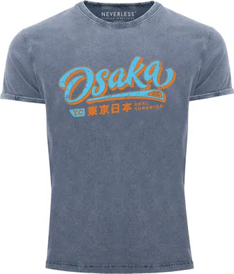 Produktbild von Herren Vintage Shirt japanische Schriftzeichen Japan Schriftzug Osaka Printshirt T-Shirt Aufdruck Used Look Neverless® blau L