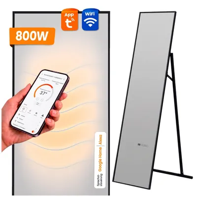 Produktbild von Dalsys Infrarot Spiegelheizung 160x40cm 800W mit schwarzem Rahmen - Infrarotheizung Spiegel mit WLAN- und App-Funktion - Spiegelheizung freistehend oder zur Wandmontage