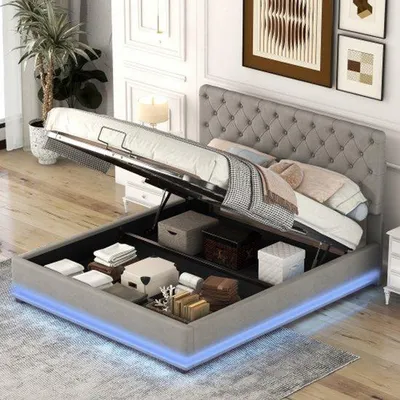 Productafbeelding van Famanu tweepersoonsbed met LED-verlichting - grijs, 140x200 cm