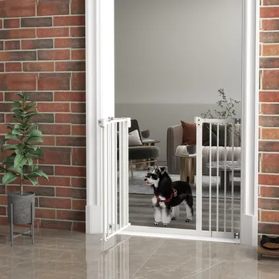 Produktbild von SUGIFT Türschutzgitter Hund, Absperrgitter Haustiere, Metall-Sicherheitsgitter, Weiß | 74–80 / 87–94 cm | Einhandbedienung | Automatik-Schließfunktion