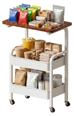 Produktbild von Rollwagen 3 Ebenen Metall Weiß mit Holzplatte und Rollen