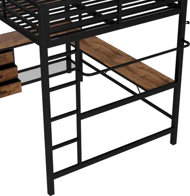 Produktbild von Flieks Etagenbett 140x200cm mit Schreibtisch, Hochbett Metallbett mit LED, USB & Steckdose, Jugendbett Kinderbett Doppelbett mit Rausfallschutz