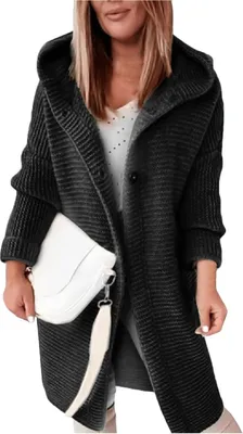 Obrázek produktu pro ASKSA Dámské svetry Pletený kabát Teplý dlouhý rukáv Jednobarevná mikina Chunky Knit Cardigan s kapucí (černá, L)