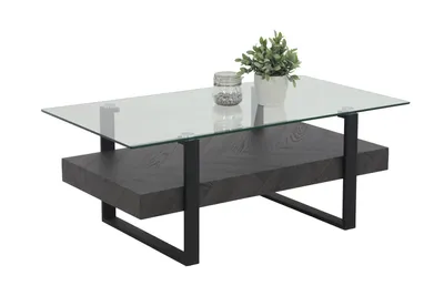 Produktbild von Glas-Couchtisch Wohnzimmertisch Konrad - Klarglasplatte ESG - Ablage Fischgrätoptik Grau 80mm stark - Metallgestell Schwarz - 110x60x43cm