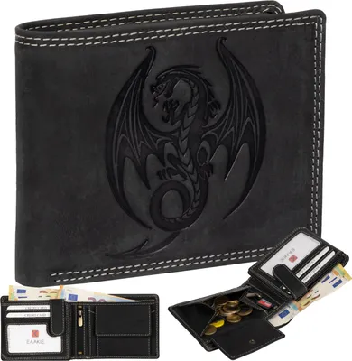 Produktbild von RFID Büffel Echt Leder Geldbörse Portemonnaie Herren mit geprägtem Motiv  Schwarz Querformat Drache