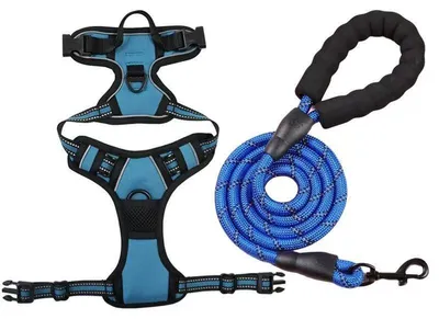 Produktbild von Hundegeschirr 2 Stück, Verstellbar Mit 4 Gurten Und Reflektierenden Streifen, Blau