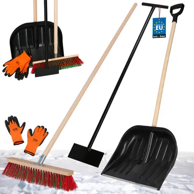Zdjęcie produktu dla Zestaw KOTARBAU® Łopata do śniegu z drewnianym trzonkiem 142,5 cm Miotła drogowa z trzonkiem 43 cm Skrobaczka do lodu 119 x 20 cm + rękawice Łopata do śniegu Odśnieżarka