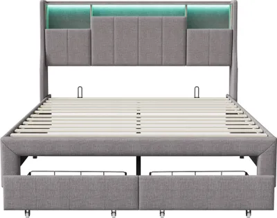 Image de Fortuna Lai Lit rembourré 140x200 cm, tête de lit avec espace de rangement & poche latérale, chargement USB, LED, lin, gris