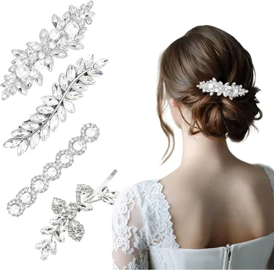 Image de Pinces à cheveux ornées de strass, lot de 4, couleur argentée, idéales pour les mariages et pour un usage quotidien