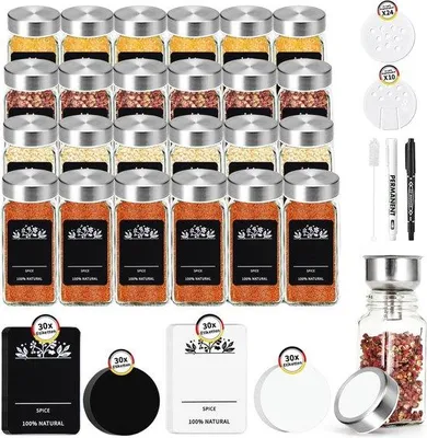 Produktbild von Famanu Gewürzgläser Set mit Streueinsatz - 24 Stück - 120 ml - Praktischer Gewürzorganizer mit Etiketten und Trichter