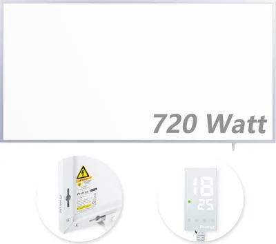 A white infrared heating panel with text indicating its wattage, and two inset images showing details of the panel and a digital thermostat.