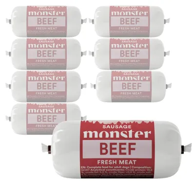 Zdjęcie produktu dla Monster Dog Sausage Beef 8x80g Pełnoporcjowa Mokra Karma dla Psa Kiełbasa z Wołowiną