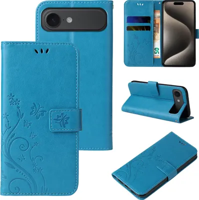 Produktbild von Handyhülle für Apple iPhone 17 Air Floral Blumen Schmetterling Flip Cover Hülle Case Klapphülle Handytasche Farbe: Blau