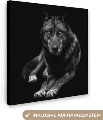 Produktbild von MuchoWow® - Leinwandbilder - Tiere - Wolf - Schwarz - Weiß - Porträt, Wandbild, Wanddeko Bilder Wohnzimmer, 90x90 cm