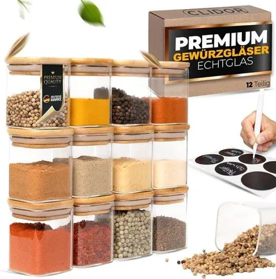 Produktbild von Vierkante Glasbehälter 12 x 160 ml - 3 mm Dicke Glasbehälter - Luchtdichte Glasbehälter mit Holzlidschenkeln - Ideal für Kräuterlagerung