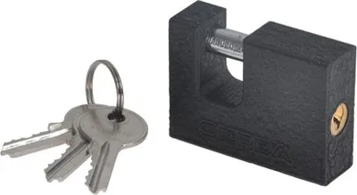 A black padlock and three silver keys are shown against a white background.