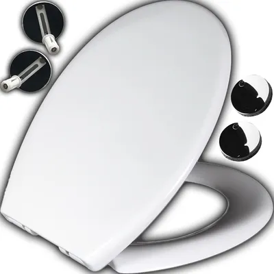 A white toilet seat with a soft-close mechanism and quick-release function, shown with its mounting hardware and hinges.