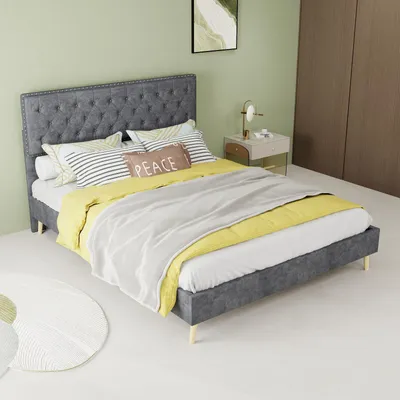 Imagen del producto de Cama tapizada Zerbaco, tamaño matrimonial, 140x200 cm, color gris, con cajón para guardar ropa de cama, sin colchón, con somier