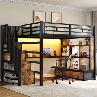 Produktbild von Flieks Etagenbett 140x200cm mit Schreibtisch und Regal, Jugendbett mit Led, Hochbett Metallbett mit Treppe und Rausfallschutz, Schwarz