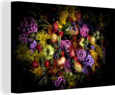 Zdjęcie produktu dla MuchoWow® - Obraz na płótnie - Martwa natura z kwiatami i owocami, fototapeta, dekoracja ścienna do salonu, 60x40cm