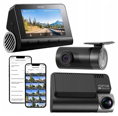 A collage of a dashcam, its rear camera, and smartphone app interface.