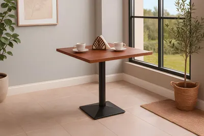 Produktbild von Bistrotisch Baumkante massiv 75 x 75 cm Akazie nussbaumfarben Gerade Kante Säulengestell schwarz BRASILEIRO