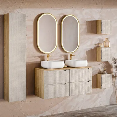 Produktbild von Badmöbel Set 7-teilig mit 120 cm Waschtisch, LONDON-56-BEIGE, in Eiche mit beige
