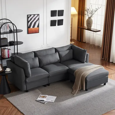 Produktbild von Ecksofa mit Hocker, Zier- und Armlehnenkissen, L-Form, Leinen, Wohnzimmersofa