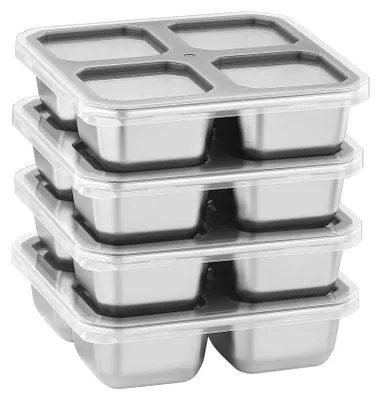 Image de Lot de 4 boîtes de rangement en acier inoxydable avec 4 compartiments - Boîtes à lunch de type bento