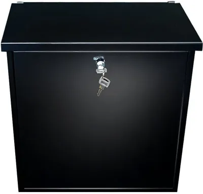 A black mailbox with a key in the lock.