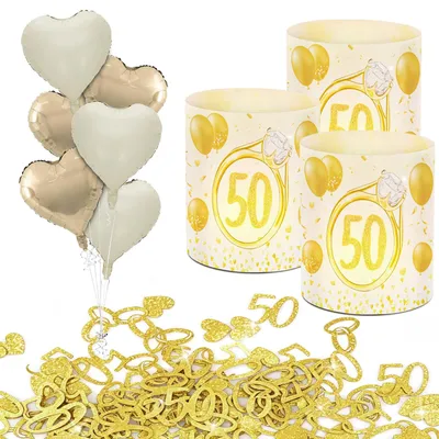 Goldene Hochzeits-Deko-Set: 10 Windlichter, 12 Ballons, 100 Konfetti