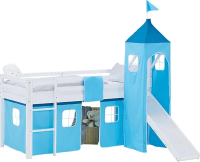 Image de Lit superposé 90x200 cm avec Toboggan Lit mezzanine en Bois Pin Massif Lit d'enfant Cadre de Lit Rideau Tour Bleu