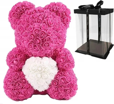 Produktbild von Rosa Teddybär mit weißem Herz - 40 cm + Geschenkbox mit Schleife