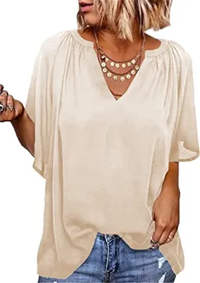Produktbild von ASKSA Damen Elegant Hemd Rüsche Casual Shirt V-Ausschnitt Lose Tunika 3/4 Glockenärmel Einfarbig Bluse, Aprikose, XXL
