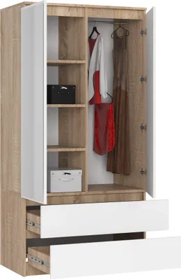 A wardrobe with two doors and two drawers, showing its interior with shelves and hanging clothes.