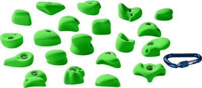 Grüne Kinderklettergriffe von Entre Prises; geeignet für Kletterwände; inklusive Karabiner.