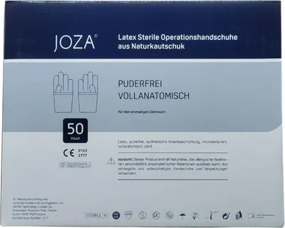 Produktbild von Karton mit 50 Paar sterilen, puderfreien Latex-OP-Handschuhen JOZA Größe 8,5 – ideal für medizinische Anwendungen