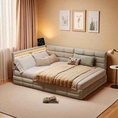 Zdjęcie produktu dla Łóżko tapicerowane INONEFT, rozkładane na sofę, 140x190 cm, z oświetleniem LED, portami typu C i USB, łóżko młodzieżowe z 2 szufladami i stelażem, tkanina lniana, kolor beżowy