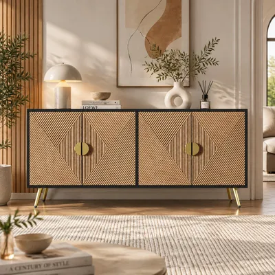 Zdjęcie produktu dla Komoda INONEFT z 4 drzwiami, nowoczesna szafka kuchenna, witryna do salonu, sypialni lub przedpokoju, wymiary: 160 x 40 x 75 cm, kolor: czarny z wzorem imitującym drewno