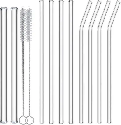 Produktbild von Famanu 12er Set Glasstrohhalme wiederverwendbar - inklusive extra breitem Smoothiestrohhalm und 2 Reinigungsbürsten